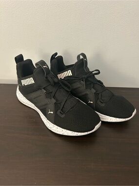 Puma womens Black Knit Sneakers with Speckled White Sole